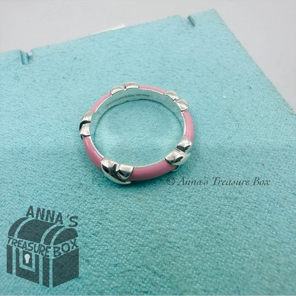 Tiffany & Co. 925 Silver Pink Enamel Signature X Stack Band Ring Size 8.5 (pouch - Picture 5 of 7